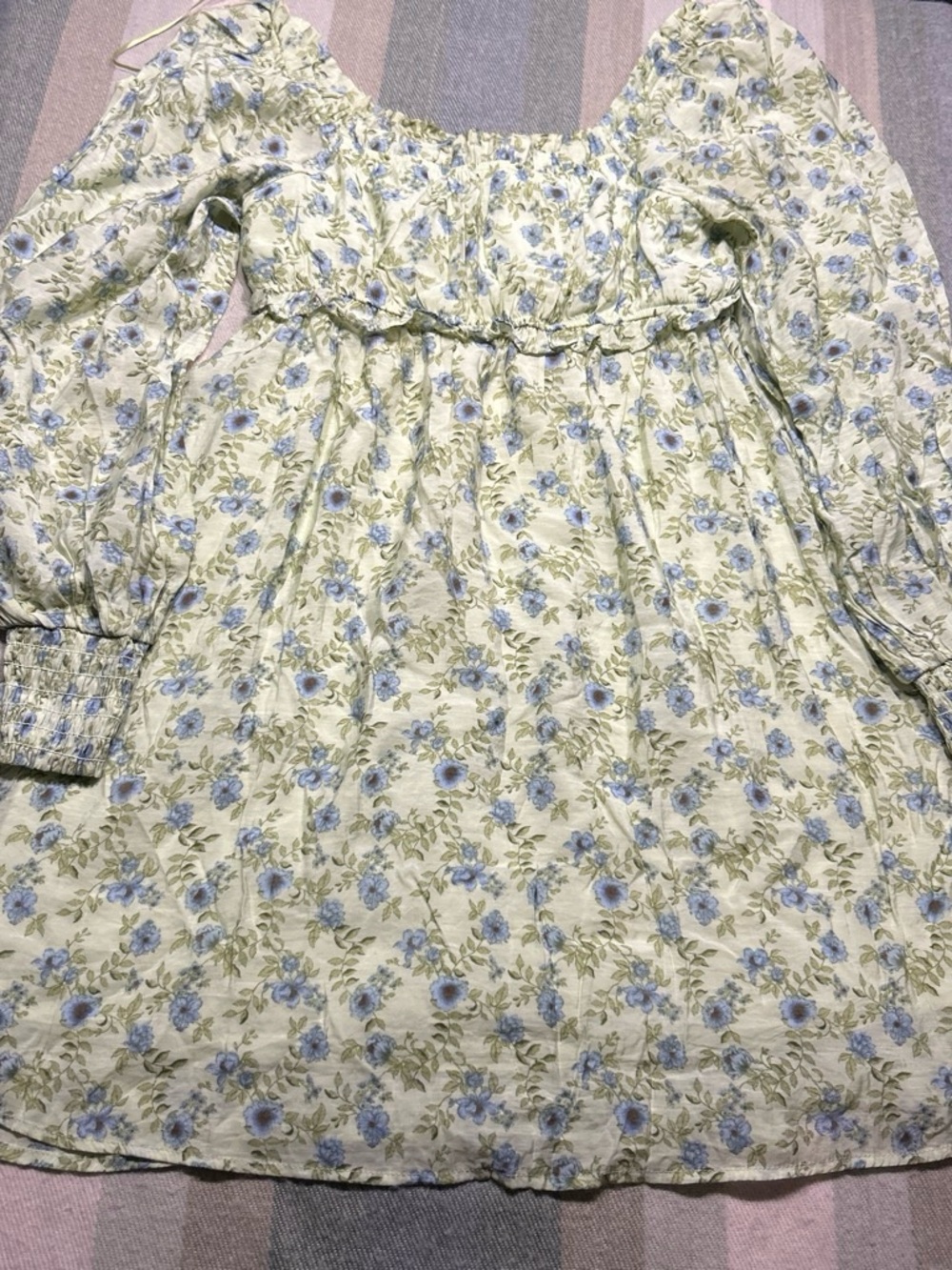 Blu Pepper Cream Floral Smocked-Yoke Dress with Light Blue Flowers